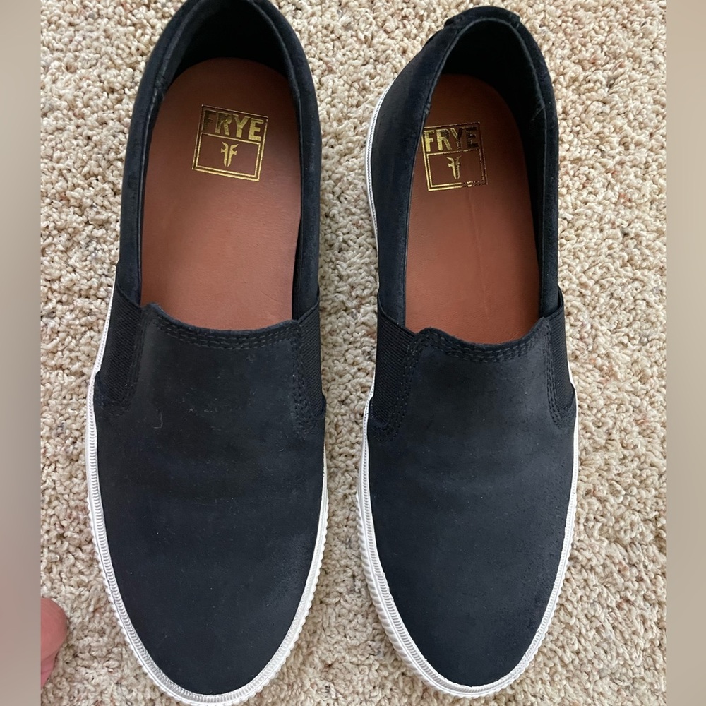 Frye Black Slip-On Suede Loafers with White Sole